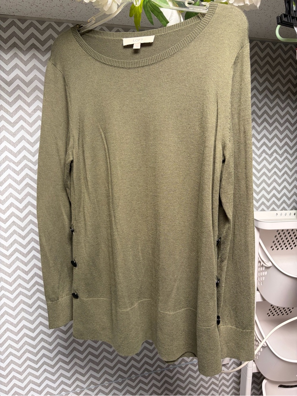 LOFT Olive Button-Side Crewneck Sweater